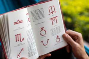 decisión Open book displaying zodiac symbols and seasonal descriptions being held by hands.