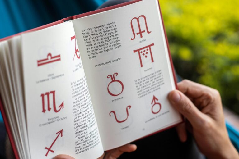 decisión Open book displaying zodiac symbols and seasonal descriptions being held by hands.